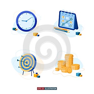 Trendy flat illustration set. Clock. Time management. Tic-tac-toe. Archery target. Coins.